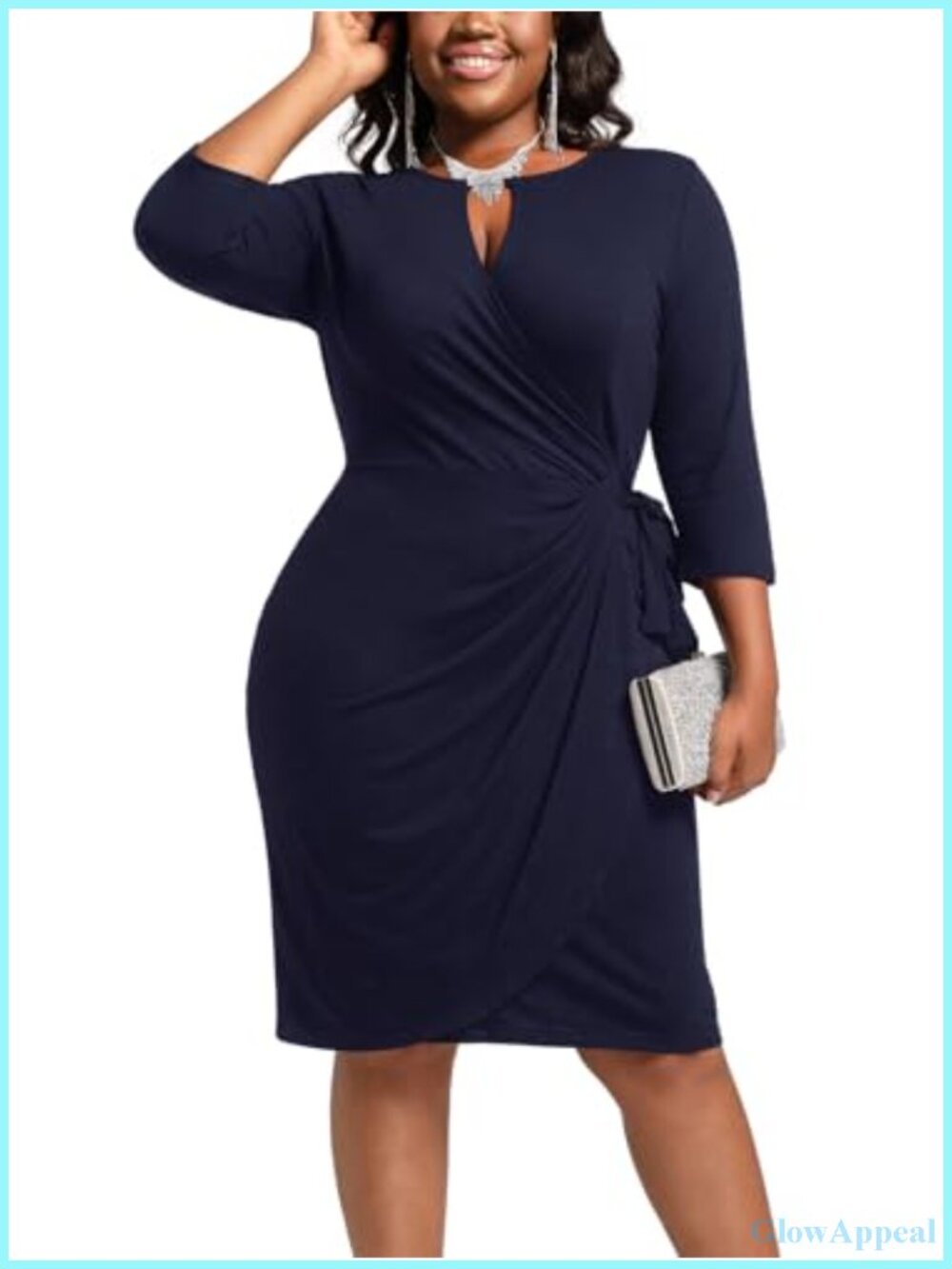 Plus Size Faux Wrap Bodycon Midi Dress Keyhole 3/4 Sleeve Cocktail